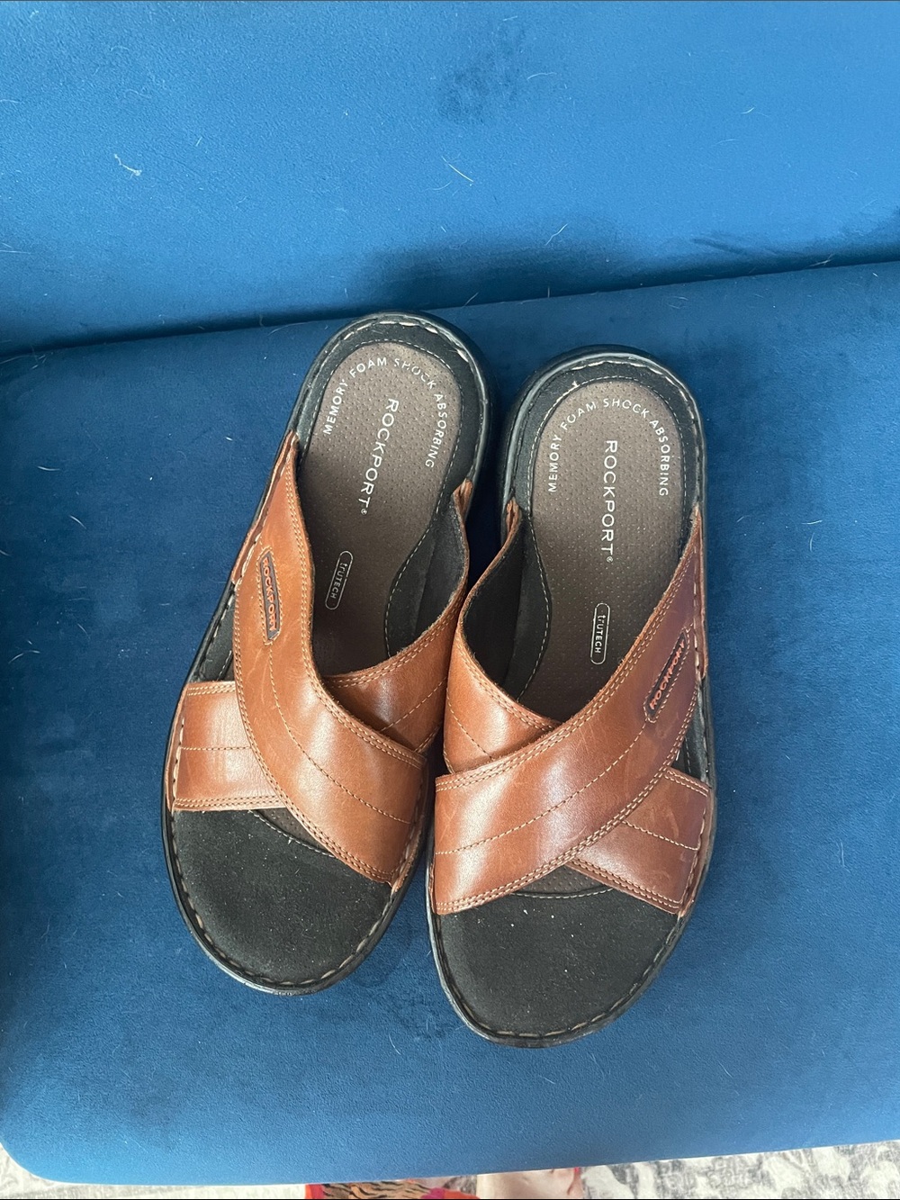 Rockport Men’s Brown Leather Crossover Slide Sandals